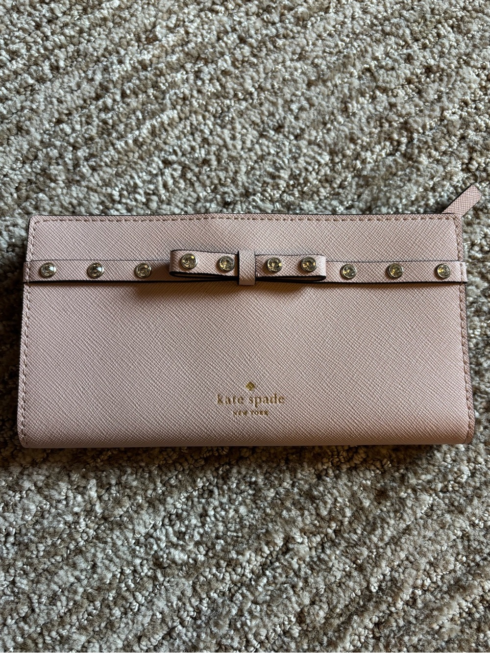 kate spade Light Pink Bow Zip Around Wallet with Gold Studs